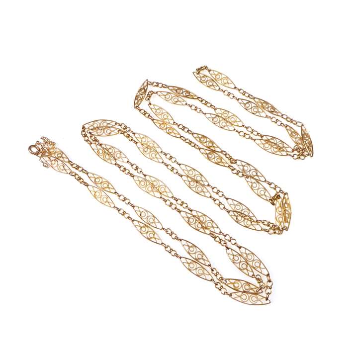 Antique gold navette link long chain necklace